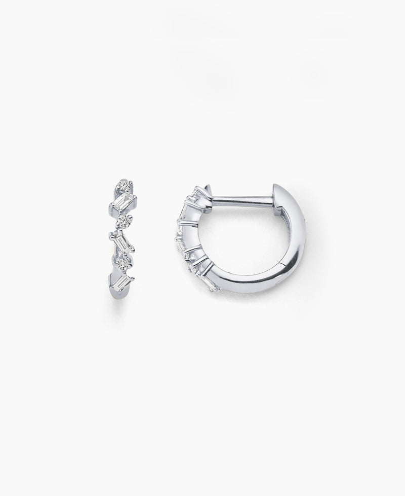 Baguette and Round Diamond Huggie Earring