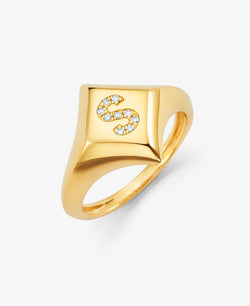 Hero Signet with Diamond Initial Pinky Ring